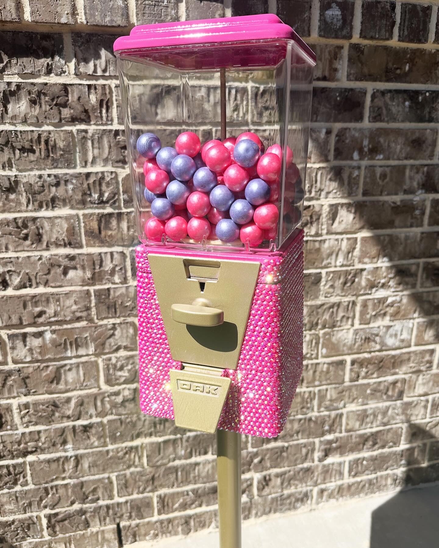 Custom Refurbished single gumball machine on stand with rhinestone machine and gold hardware