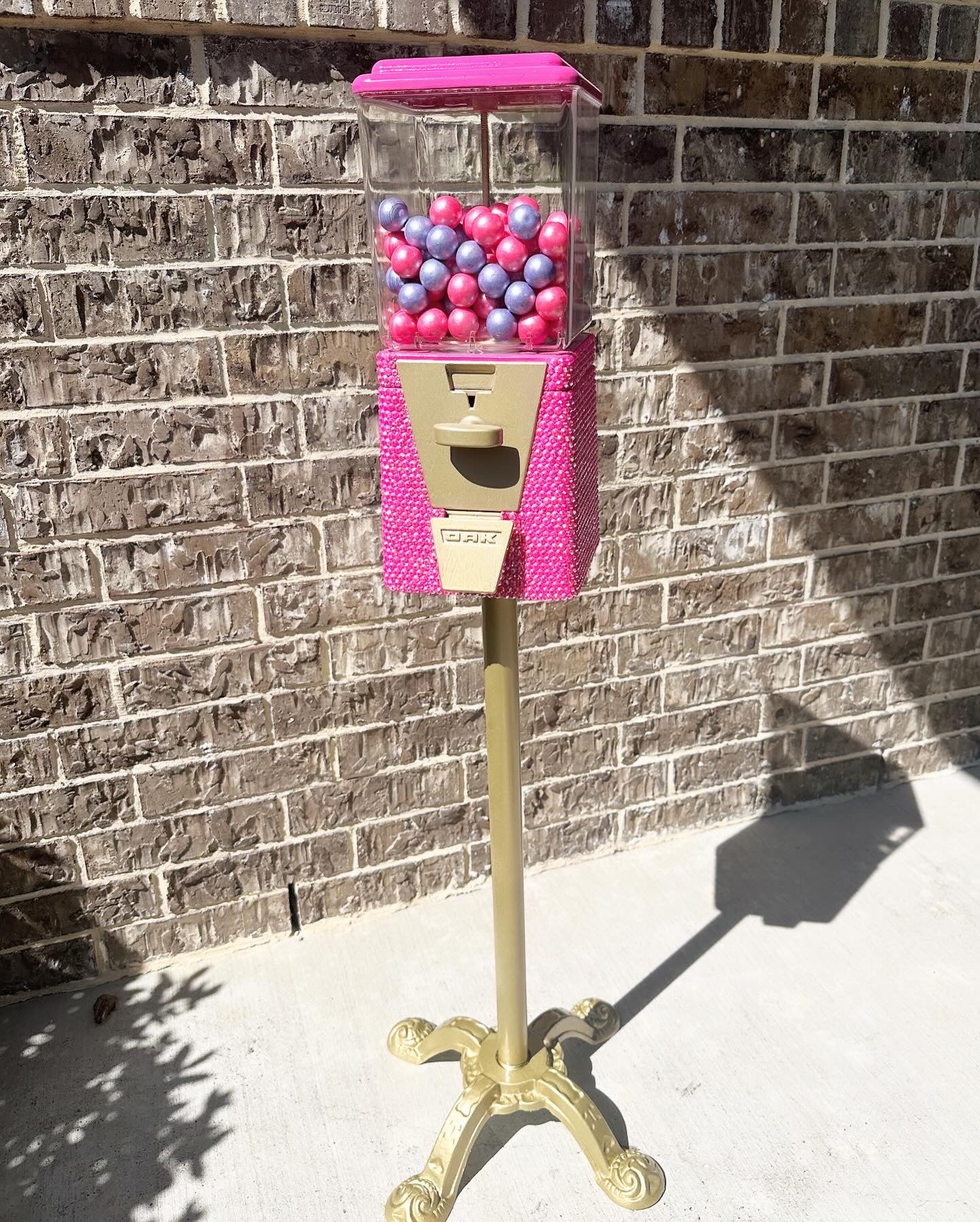 Custom Refurbished single gumball machine on stand with rhinestone machine and gold hardware