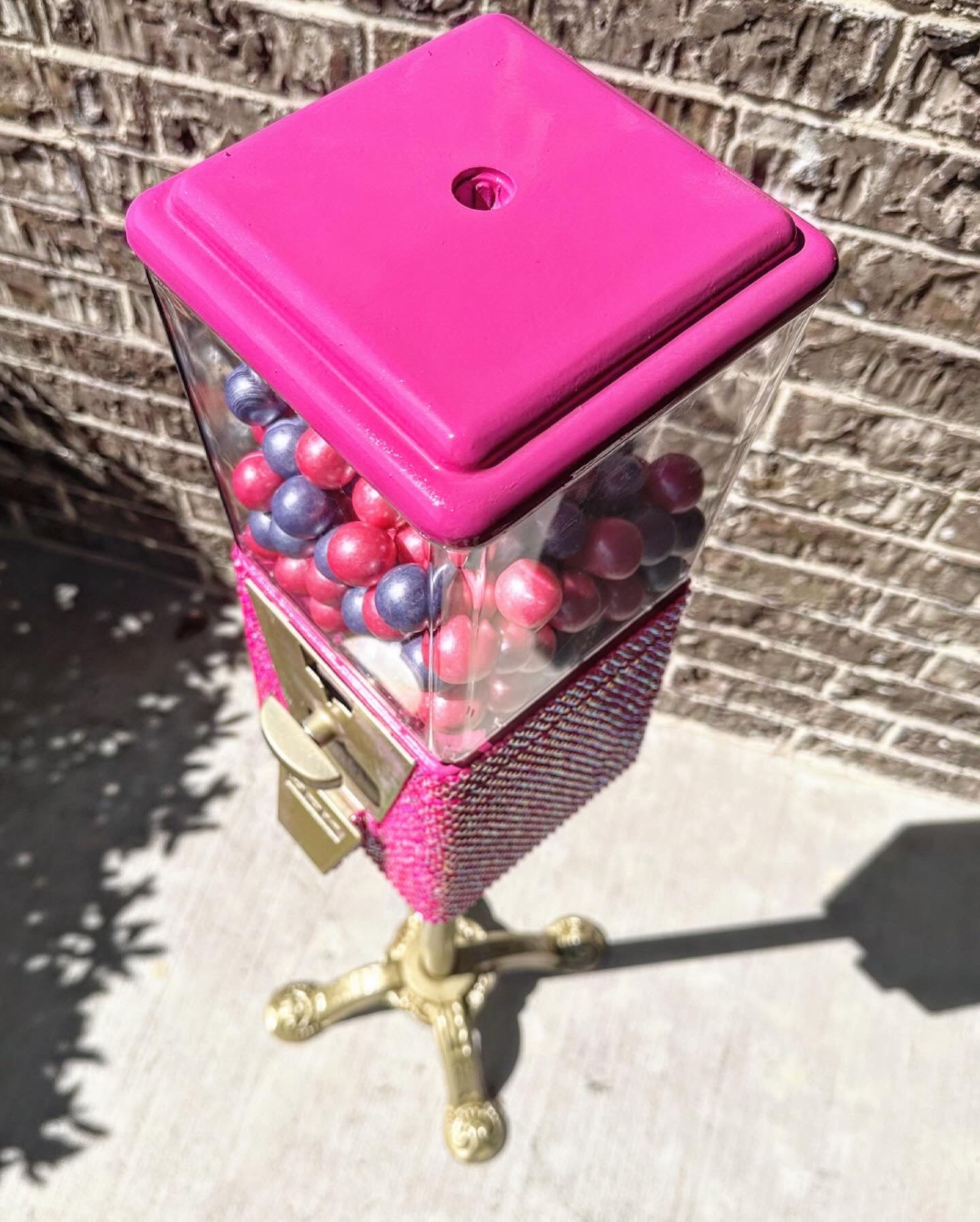 Custom Refurbished single gumball machine on stand with rhinestone machine and gold hardware