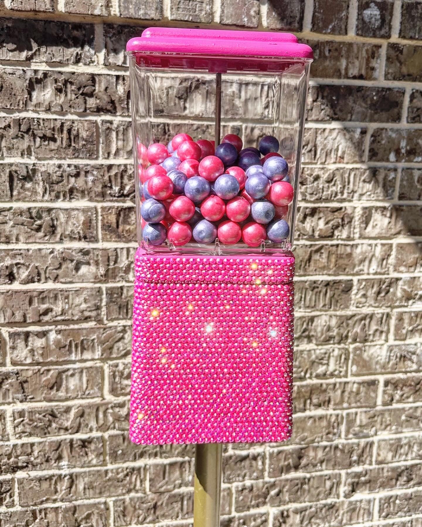 Custom Refurbished single gumball machine on stand with rhinestone machine and gold hardware