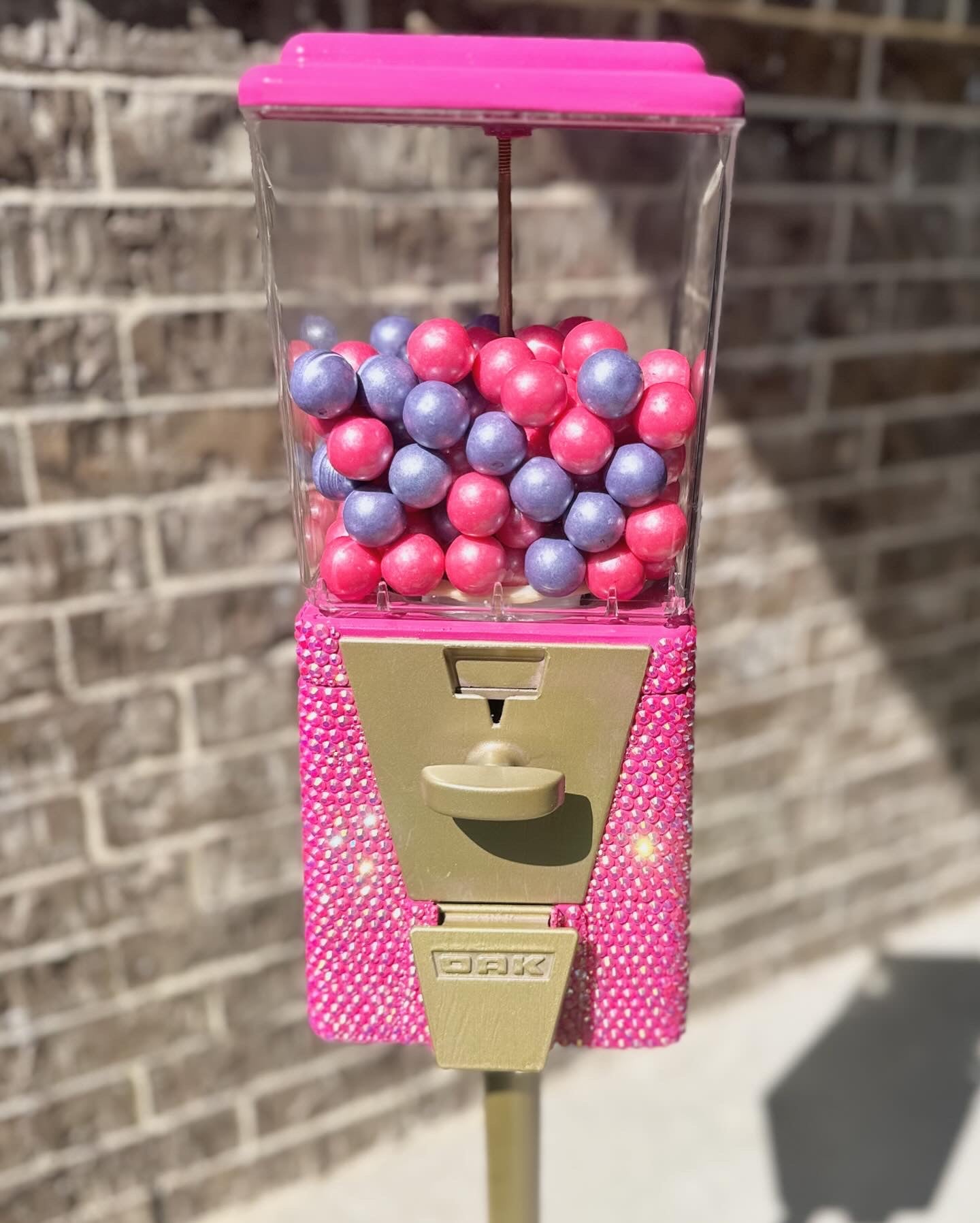 Custom Refurbished single gumball machine on stand with rhinestone machine and gold hardware